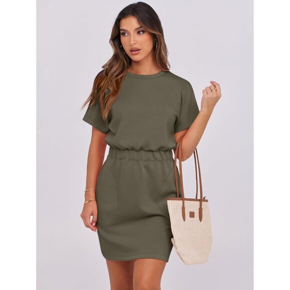 Anrabess Women Army Green Crew Neck Elastic Waist Mini T Shirt Dress With Pocket - Picture 2 of 6